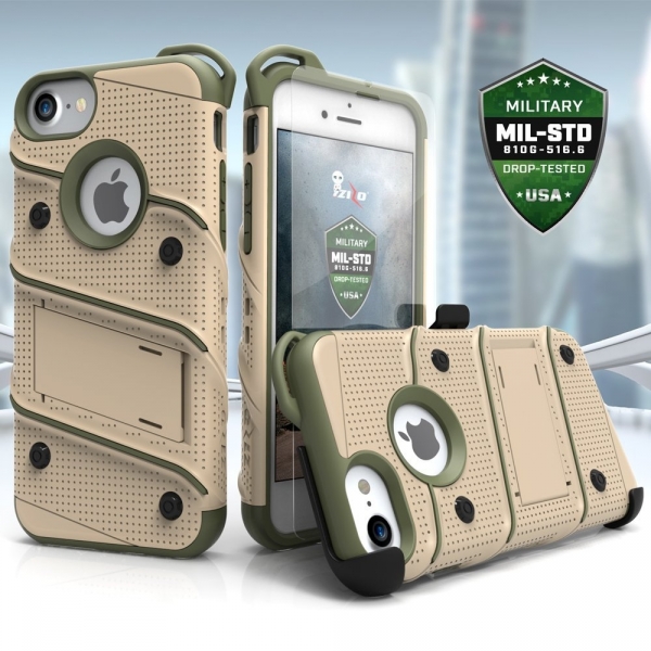 Zizo iPhone 7 Bolt Series Kemer Klipsli Klf ve Ekran Koruyucu (MIL-STD-810G)-Desert Tan Camo Green