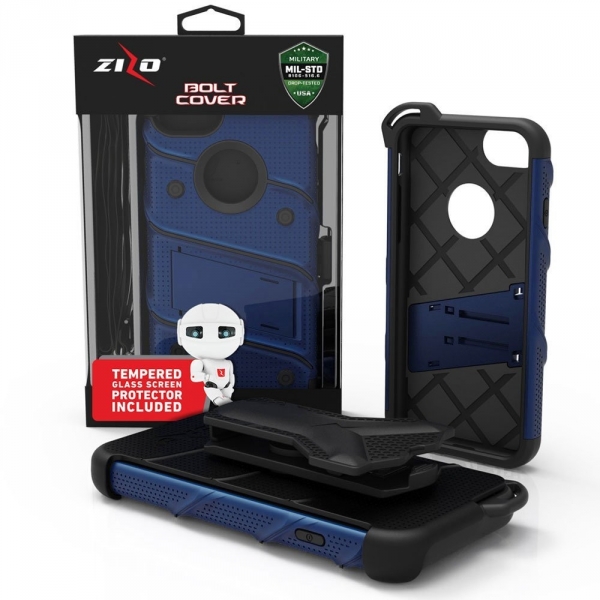 Zizo iPhone 7 Bolt Series Kemer Klipsli Klf ve Ekran Koruyucu (MIL-STD-810G)- Blue Black