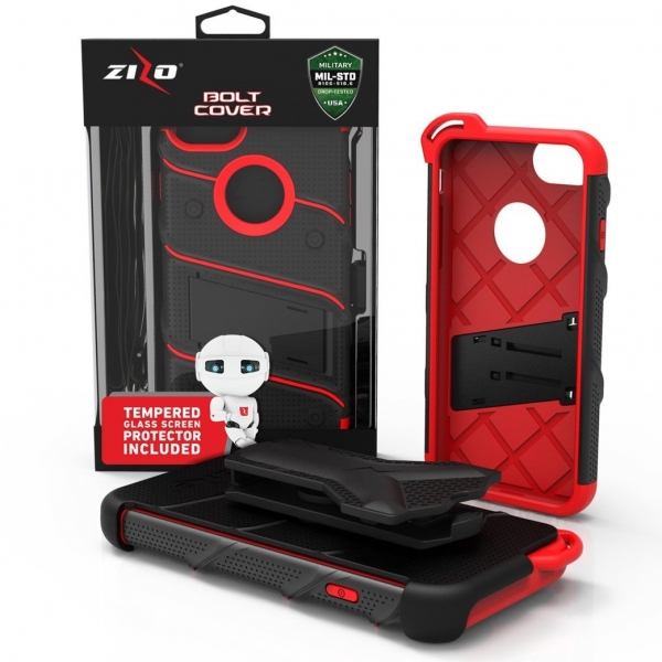 Zizo iPhone 7 Bolt Series Kemer Klipsli Klf ve Ekran Koruyucu (MIL-STD-810G)-Black Red