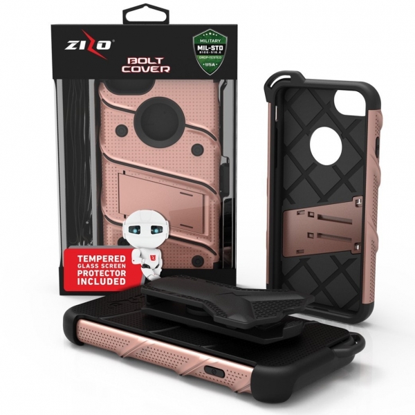 Zizo iPhone 7 Bolt Series Kemer Klipsli Klf ve Ekran Koruyucu (MIL-STD-810G)- Rose Gold Black