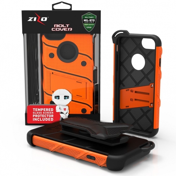 Zizo iPhone 7 Bolt Series Kemer Klipsli Klf ve Ekran Koruyucu (MIL-STD-810G)-Orange Black
