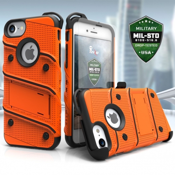 Zizo iPhone 7 Bolt Series Kemer Klipsli Klf ve Ekran Koruyucu (MIL-STD-810G)-Orange Black