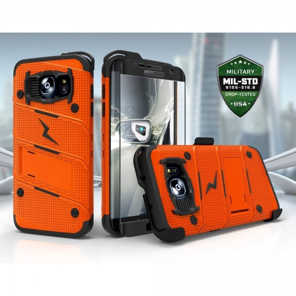 Zizo Galaxy S7 Edge Bolt Series Kemer Klipsli Klf ve Ekran Koruyucu (MIL-STD-810G)-Orange Black
