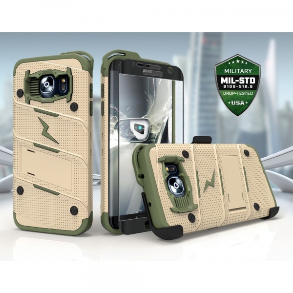 Zizo Galaxy S7 Edge Bolt Series Kemer Klipsli Klf ve Ekran Koruyucu (MIL-STD-810G)-Desert Tan Camo Green