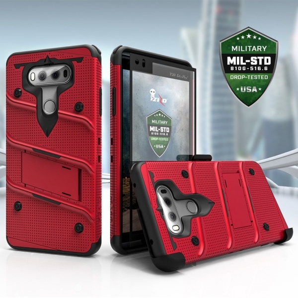 Zizo LG V30 Bolt Serisi Kemer Klipsi Klf (MIL-STD-810G)-Red Black