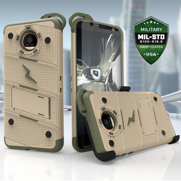 Zizo Motorola Moto Z Kemer Klipsli Klf ve Ekran Koruyucu (MIL-STD-810G)-Desert Tan Camo Green