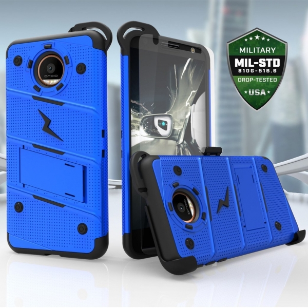 Zizo Motorola Moto Z Kemer Klipsli Klf ve Ekran Koruyucu (MIL-STD-810G)-Blue Black