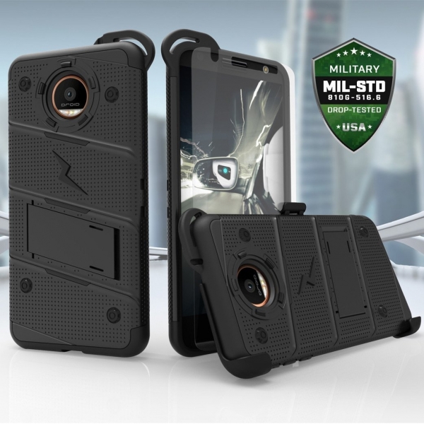 Zizo Motorola Moto Z Kemer Klipsli Klf ve Ekran Koruyucu (MIL-STD-810G)-Black