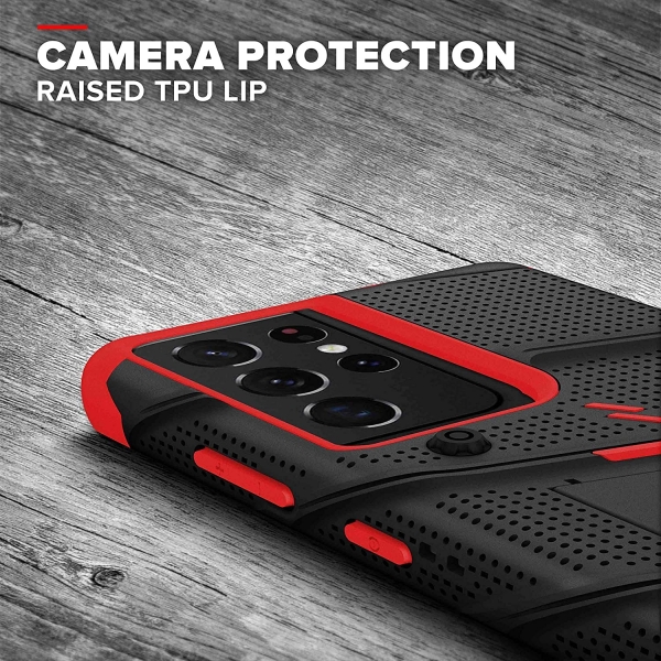 Zizo Samsung Galaxy S21 Ultra Bolt Serisi Klf (MIL-STD-810G)-Black Red