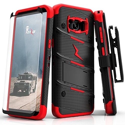 Zizo Samsung Galaxy S8 Bolt Seri Kemer Klipsli Klf ve Ekran Koruyucu (MIL-STD-810G)-Black Red