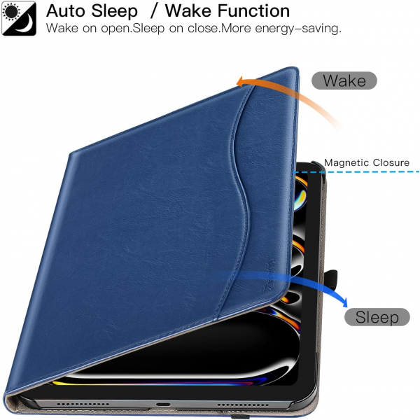 Ztotop Deri iPad Pro M4 Klf (11 in)-Navy Blue