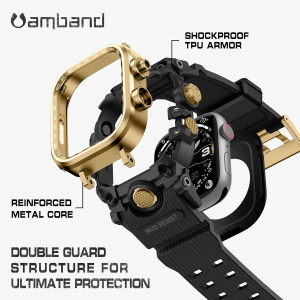amBand Apple Watch 9/8/7 45mm Darbeye Dayankl Kay-Black Gold