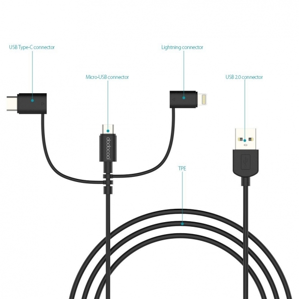dodocool Lightning/Mikro USB/USB C Kablosu