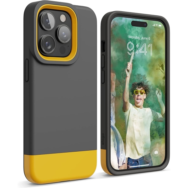 elago Glide Armor Serisi iPhone 14 Pro Klf-Dark Gray/Yellow