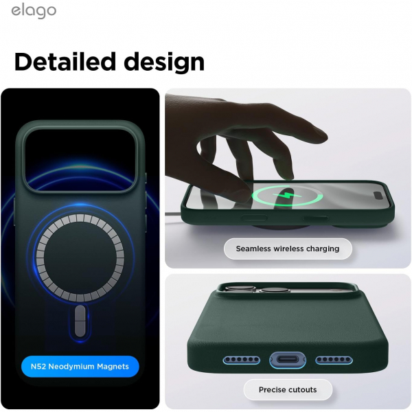elago iPhone 18 Pro Max Manyetik Vegan Deri K�l�f-Midnight Green