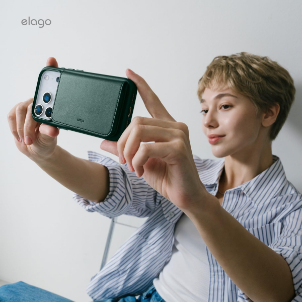 elago iPhone 18 Pro Max Manyetik Vegan Deri K�l�f-Midnight Green