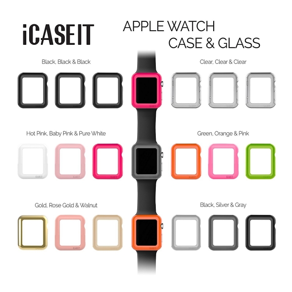 iCASEIT Apple Watch 38 mm Klf ve Cam Ekran Koruyucu (3 Adet)-Hot Pink Baby Pink White