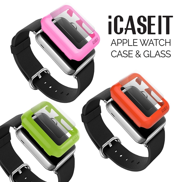 iCASEIT Apple Watch 38 mm Klf ve Cam Ekran Koruyucu (3 Adet)-Green Orange Pink