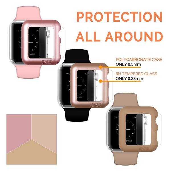 iCASEIT Apple Watch 42 mm Klf ve Cam Ekran Koruyucu (3 Adet)-Gold Rose Gold Walnut