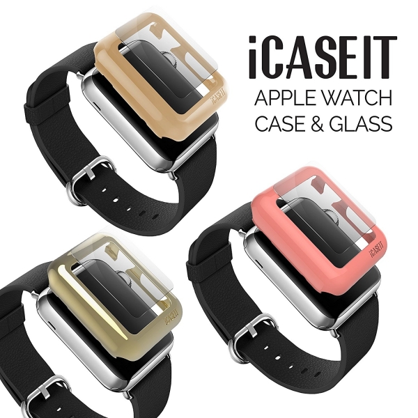 iCASEIT Apple Watch 42 mm Klf ve Cam Ekran Koruyucu (3 Adet)-Gold Rose Gold Walnut