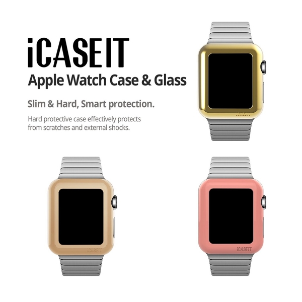 iCASEIT Apple Watch 42 mm Klf ve Cam Ekran Koruyucu (3 Adet)-Gold Rose Gold Walnut