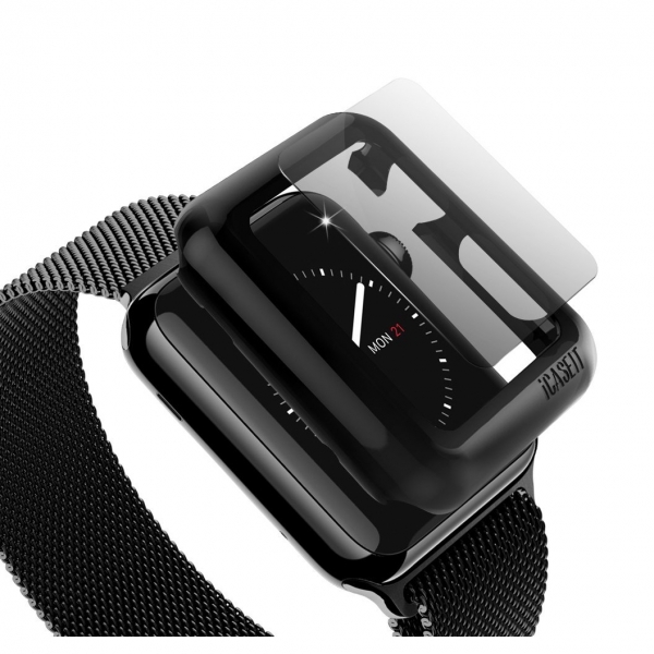 iCASEIT Apple Watch 42 mm Klf ve Cam Ekran Koruyucu (3 Adet)-Black