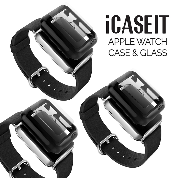 iCASEIT Apple Watch 42 mm Klf ve Cam Ekran Koruyucu (3 Adet)-Black