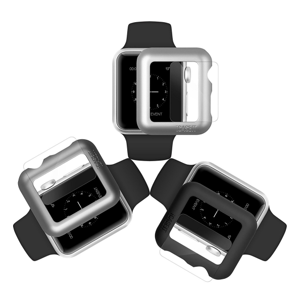iCASEIT Apple Watch 42 mm Klf ve Cam Ekran Koruyucu (3 Adet)- Black Silver Gray