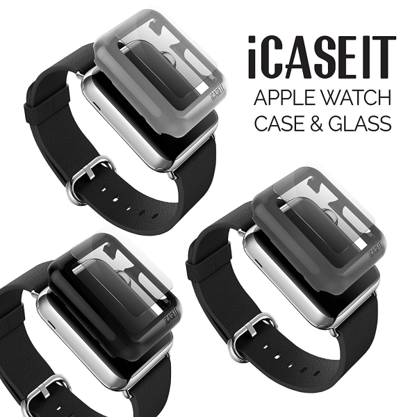 iCASEIT Apple Watch 42 mm Klf ve Cam Ekran Koruyucu (3 Adet)- Black Silver Gray