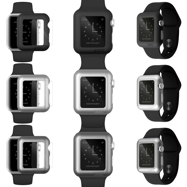 iCASEIT Apple Watch 42 mm Klf ve Cam Ekran Koruyucu (3 Adet)- Black Silver Gray