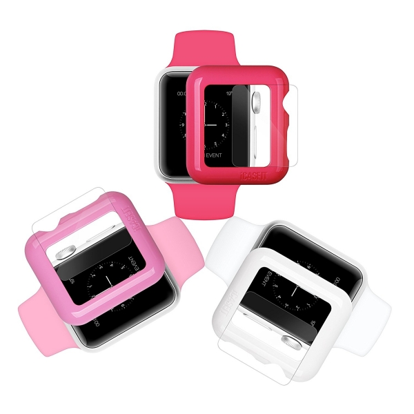 iCASEIT Apple Watch 42 mm Klf ve Cam Ekran Koruyucu (3 Adet)-Hot Pink Baby Pink White