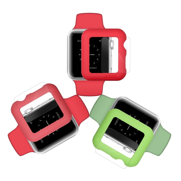 iCASEIT Apple Watch 42 mm Klf ve Cam Ekran Koruyucu (3 Adet)- Green Orange Pink