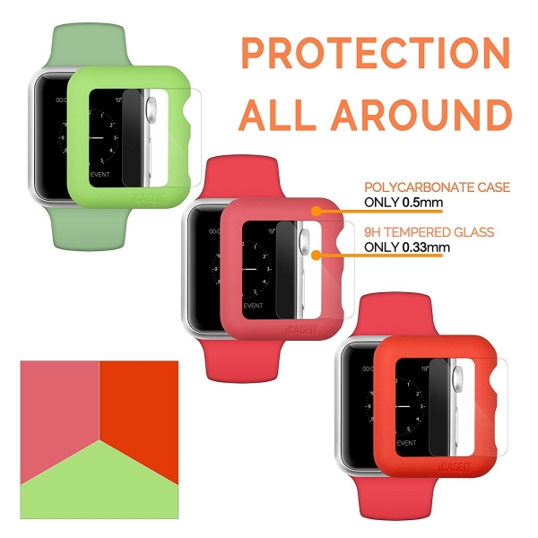 iCASEIT Apple Watch 42 mm Klf ve Cam Ekran Koruyucu (3 Adet)- Green Orange Pink