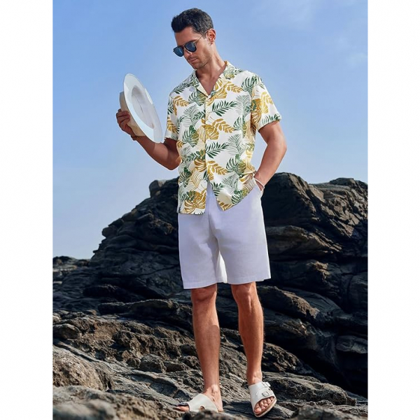 monoFe Erkek Ksa Kollu Hawaii Gmlek(Beyaz)