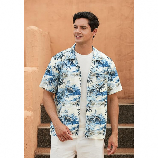 monoFe Erkek Pamuklu K�sa Kollu Hawaii G�mlek(Mavi)