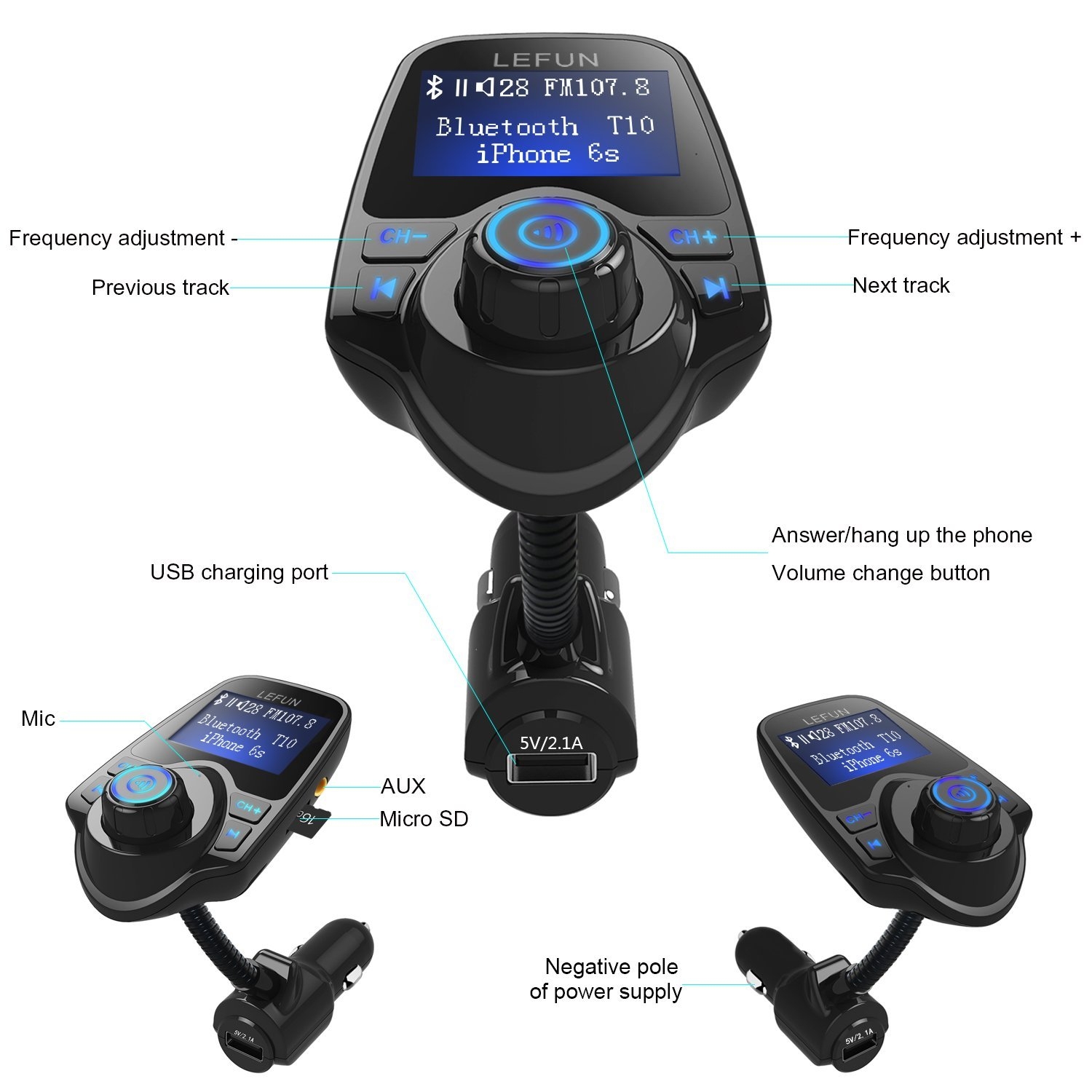 Lefun Bluetooth Fm Verici Usb Sarj Cihazi Arac Radyo Adaptoru Seti 2578