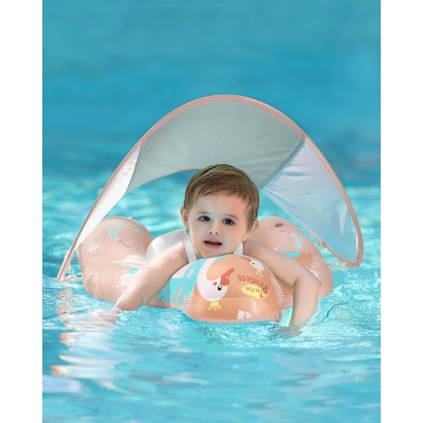 Free Swimming Baby Şişme Güneşlikli Bebek Simidi (Pembe) (L)